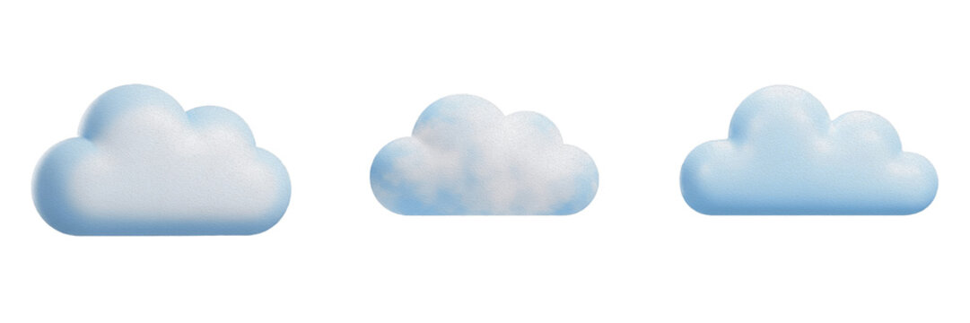 Soft fluffy cartoon clouds isolated on white background, collection of stylized weather elements for digital design, 3D rendered cloud icons for creative sky-themed graphics, high quality PNG asset se