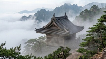 Fototapeta premium Serene Temple Perched Amidst Misty Mountain Peaks, Tranquil Landscape.