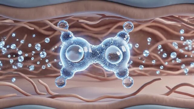 3D Molecular Structure in Blood Vessel-like Environment with Water Droplets Depicting Molecular Movement and Scientific Concepts