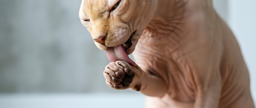 Hairless sphynx cat grooming paw with tongue in natural light showing wrinkled skin texture and feline behavior for pet care and animal wellness content.