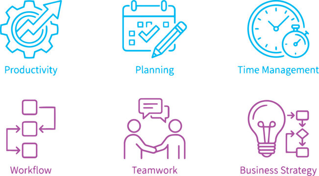 Process improvement and workflow solid icon set. Featuring process optimization, continuous improvement, agile workflow, and cost reduction. Vector icons for business operations and presentations line