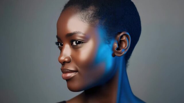 Elegant dark skin woman profile portrait with short hair side view soft studio lighting blue accent
