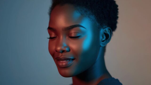 Young woman portrait headshot studio dramatic lighting colorful closed eyed joyful confident