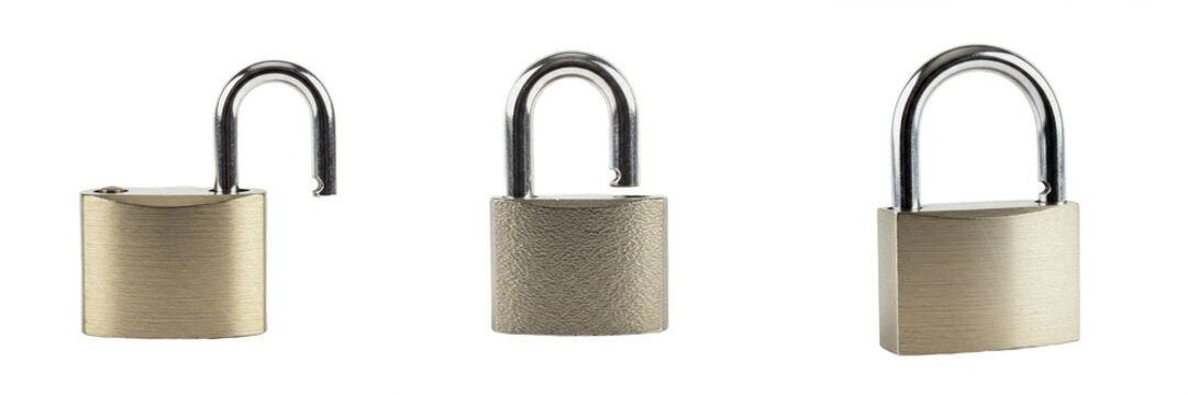 Set of Three Brass Padlocks with Different Opening States: Open, Partially Open, and Locked Isolated on White Background for Security, Privacy, and Protection Concepts High-Quality PNG Stock Image