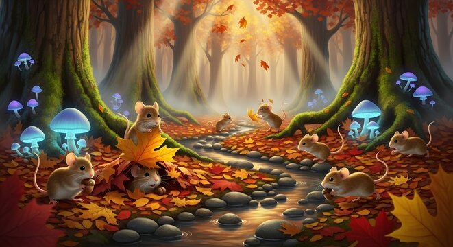 A whimsical autumn forest scene with numerous small mice playing among fallen leaves, glowing blue mushrooms, and a winding stream under dappled sunlight.