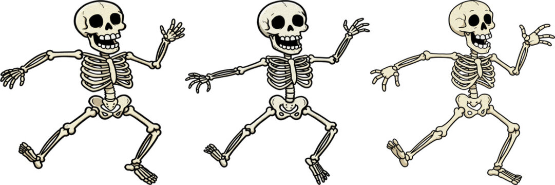 Set of Three Funny Cartoon Skeleton Characters, Playful Dancing Human Skeletons, Spooky Halloween Graphic Elements, Isolated PNG Assets for Horror, Celebration, and Party Design Projects