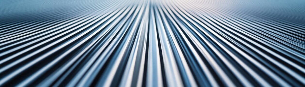 Abstract low-angle perspective of converging reflective blue-silver parallel lines, creating a dynamic, luminous texture evoking a futuristic pathway. Depth, technology