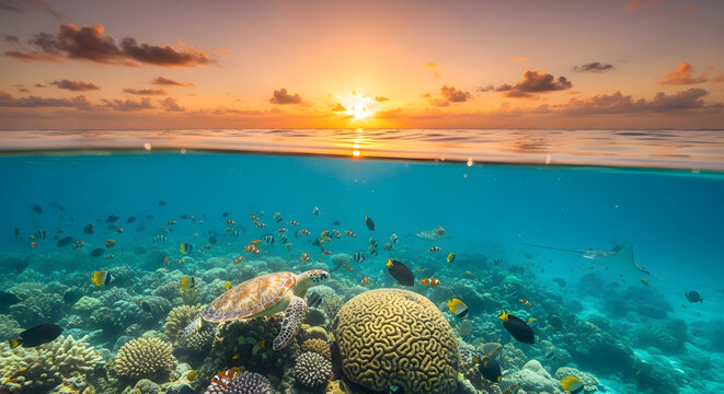 Breathtaking splitlevel view of a vibrant coral reef at sunset