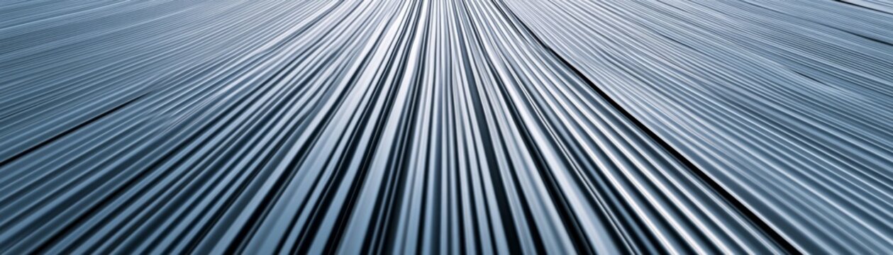 Abstract metallic corrugated surface with converging diagonal lines, cool blue-grey tones and light reflections, evoking modern rhythm and depth. ,texture, pattern