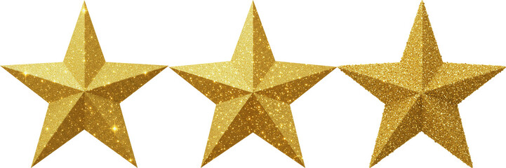 Fototapeta premium Set of Three Realistic Sparkling Gold Star Icons, Shimmering Metallic Star Graphics, Premium Rating and Achievement Symbols, Isolated PNG Assets for Rewards, UI Design, and Festive Promotions
