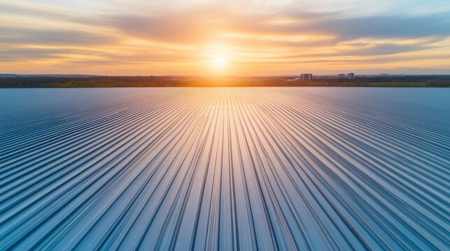 Aerial Corrugated metal roof with radiating lines reflecting sunset light, an architectural pattern symbolizing modern industrial scale and forward momentum. Industrial Roof, Geometric