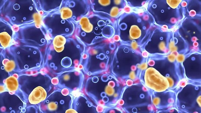 Abstract Cellular Structures With Vibrant Particles On Dark Blue Background For Scientific And Educational Use