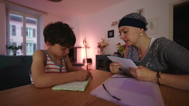 Mother homeschooling child at table, guiding homework with firm questioning as child searches for answers, realistic parenting moment showing discipline, learning and patience challenges