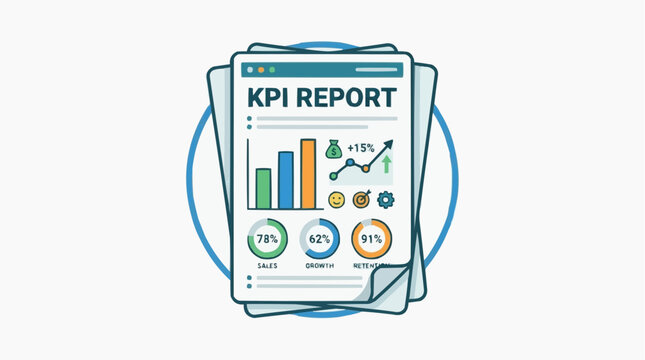 KPI Report Analysis: A professional illustration showcasing a KPI report with various charts and infographics, representing data analysis and business performance metrics.