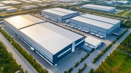 Fototapeta premium Aerial view Modern industrial park with vast warehouses, numerous trucks and green areas under bright sunlight, symbolizing global logistics, supply chain and distribution hub