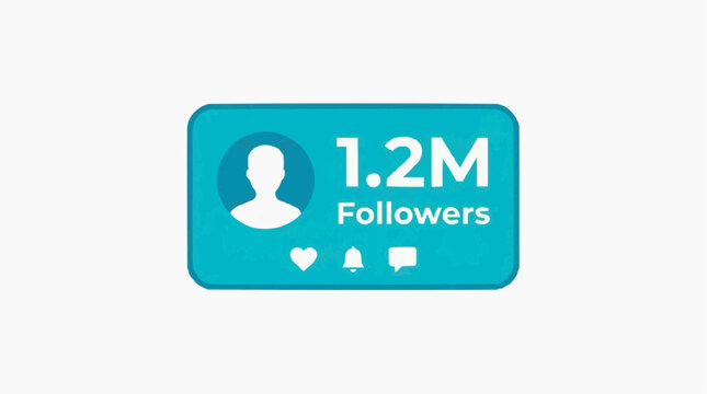 Follower Milestone: A digital representation of 1.2 million followers, illustrated with a profile silhouette, heart, notification bell, and message bubble, symbolizing growth and engagement. 