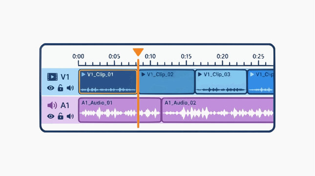 Video Editing Timeline: An animated graphic illustrating a video editing timeline interface with clips and audio waves.
