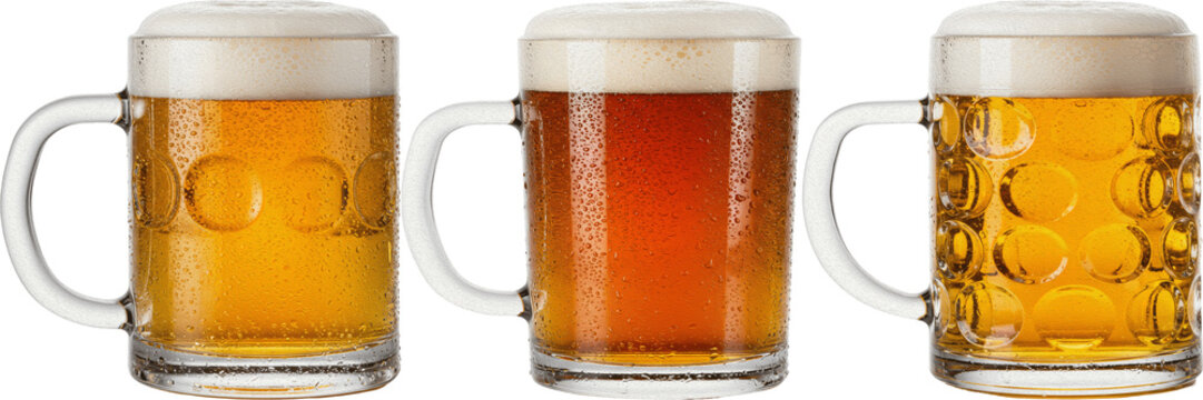 Set of Three Frothy Beer Mugs, Fresh Cold Draft Beer in Dimpled Glass Steins, Alcoholic Beverages with Foam, Oktoberfest Celebration Concept, Isolated PNG Elements for Pub Menus, Bars and Party Promot