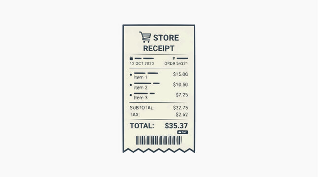 Digital Store Receipt: A clean and organized store receipt is presented against a neutral background. The receipt includes essential details such as date, items purchased, prices, subtotal, tax.