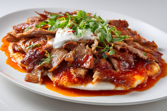 Classic Turkish Iskender Kebab Served on Full Plate with Yogurt and Garnish of Fresh Herbs and Spices