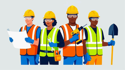 Fototapeta premium Construction Workers Wearing Safety Equipment Vector Illustration