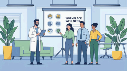 Occupational physician advising employees on workplace safety, flat vector style. © Criativ Illustra