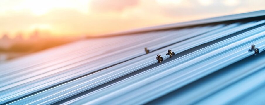 Close-up, diagonal view of a blue corrugated metal roof and clamps, soft sunset backdrop. Highlights architectural design, future solar potential and durable building material.