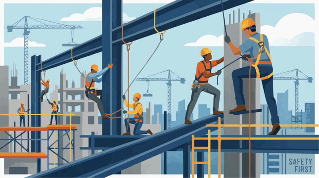 Construction Workers Using Fall Protection Safety Gear