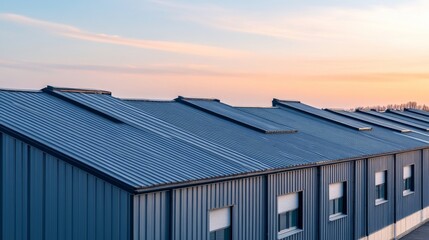 Obraz premium Diagonal perspective of a blue corrugated metal industrial building's roof and walls, highlighting linear patterns against a serene pastel sky at dusk. Industrial, Roofing