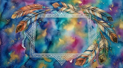 Naklejka premium Ornate feather frame with geometric border on vibrant cosmic watercolor background for bohemian design projects and spiritual artwork.