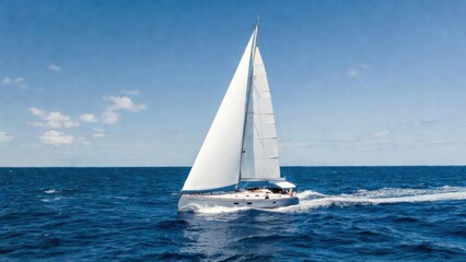 Fototapeta premium Sailboat moving through choppy sea under partly cloudy sky