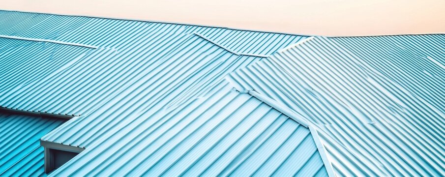 Dynamic Corrugated Roofscape Blue metallic lines, geometric patterns and sharp angles against pale sky, highlighting modern architectural form. building, texture