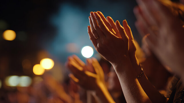 Audience Hands Raised in Applause at a Live Event, Concert, or Performance in a Dark Venue with Bright Stage Lights and Bokeh