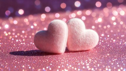 Obraz premium Pair of felt hearts resting on glittery pink surface
