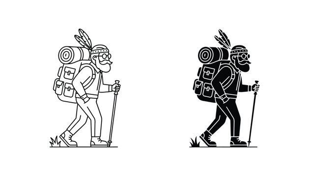 Backpacker man with hiking gear and feather in hat in outline and solid black style for outdoor adventure and travel design
