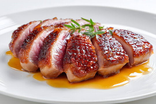 Classic French Magret de Canard with Glaze and Garnish on Elegant Plate