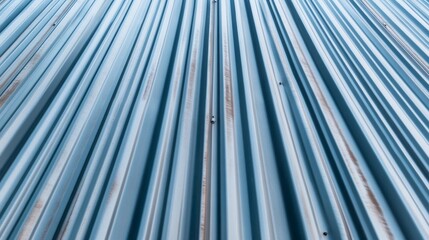 Obraz premium Low-angle perspective of blue corrugated metal wall, featuring vertical leading lines, industrial texture and subtle weathered patterns. Architectural, Modern