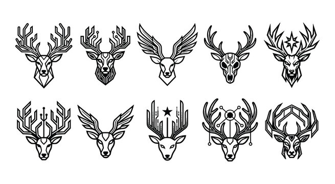 Compilation of ten unique deer head logos and emblems incorporating geometric shapes and angular designs geometric collection stylized creature wildlife identity