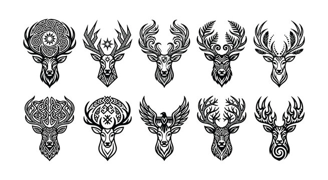 Collection of ten ornate deer head silhouettes with intricate patterns silhouette abstract illustration decorative creative stylized monochrome collection