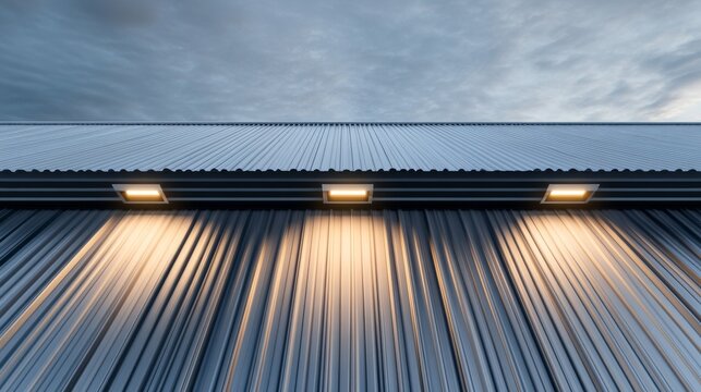 Minimalist low-angle view of a corrugated metal building facade, bright square uplights creating warm beams on the cool textured surface under a cloudy sky. ,architecture ,lighting