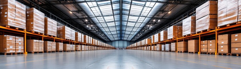 Obraz premium Modern warehouse interior long aisle with stacks of cardboard boxes on orange racking, symmetrical vanishing point perspective, vast skylight roof. Logistics, Storage Keywords Supply