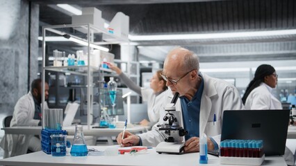 Fototapeta na wymiar Laboratory materials scientist examining biopsy slide with microscope, logging results on clipboard. Senior researcher identifies disease markers in clinical lab, writing report, camera A