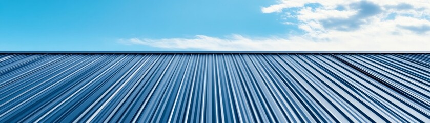 Obraz premium Striking blue corrugated metal roof in a low-angle perspective against a vibrant blue sky with wispy clouds, depicting modern industrial architecture., Construction, Minimalist