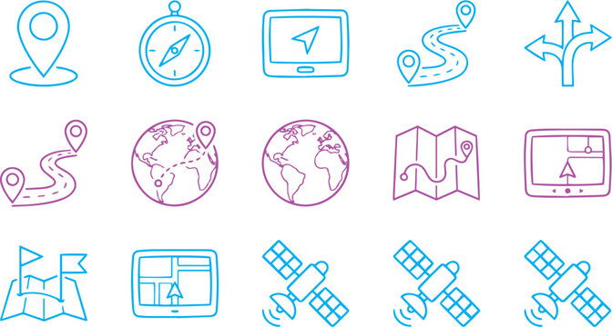 Map and location icon set. Navigation, GPS, direction, travel, route, destination, road, navigator icons. Thin line editable stroke vector Blue and Purple colour.