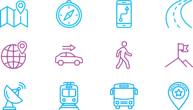 Map and location icon set. Navigation, GPS, direction, travel, route, destination, road, navigator icons. Thin line editable stroke vector Blue and Purple colour.