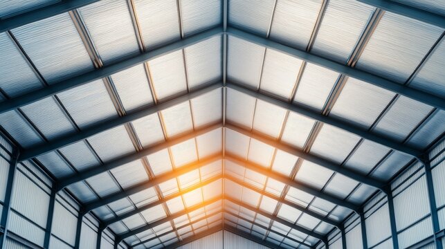 Symmetrical industrial roof structure with steel beams and translucent panels, illuminated by a central warm glow, showcasing modern architecture and geometric design., warehouse,