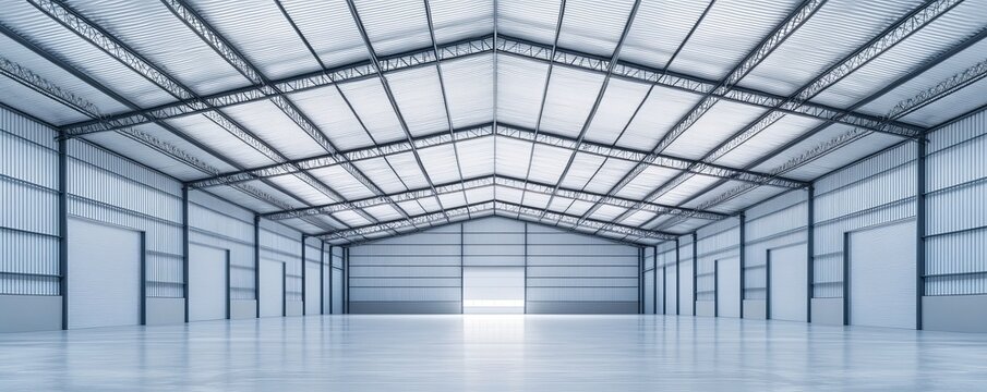Symmetrical wide-angle view of a vast, empty modern industrial warehouse with high corrugated metal roof, exposed trusses, gleaming concrete floor. Bright light from end door, Storage,