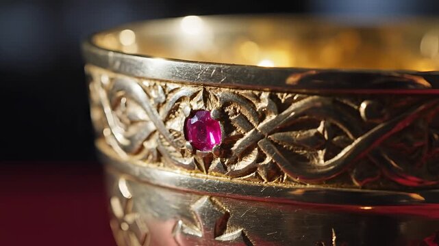 Closeup of an ornate golden chalice with a ruby gemstone.