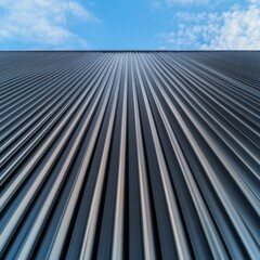 Obraz premium Upward perspective of a dark corrugated metal roof, its strong linear pattern converging towards a clear blue sky, highlighting modern industrial architecture and material strength.