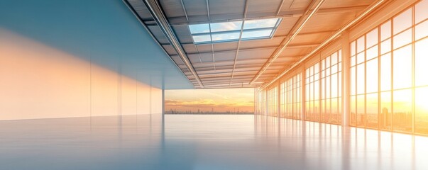 Obraz premium Vast, sun-drenched modern hall with reflective floor, skylight and large windows opening to a golden sunset cityscape. Architectural emptiness, urban potential. Contemporary,